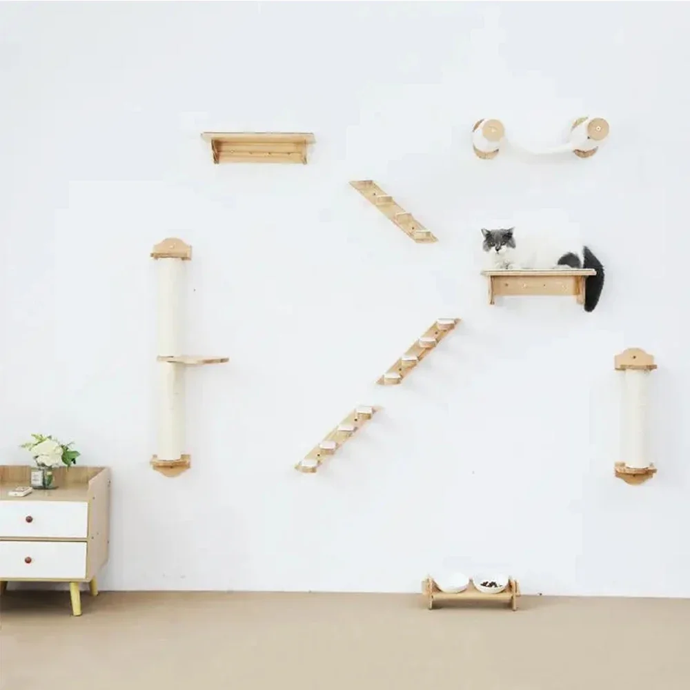 Deluxe Wall-Mounted Cat Activity Center with Climbing Ladder, Hammock, and Sisal Post
