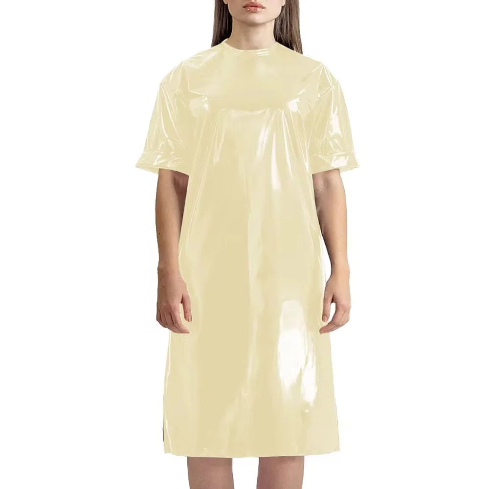Plus Size Womens Loose Fitting T-shirt Dress Shiny PVC Leather Short Sleeve O-neck Over Knee Dress Punk Solid Color Long T-Shirt 2