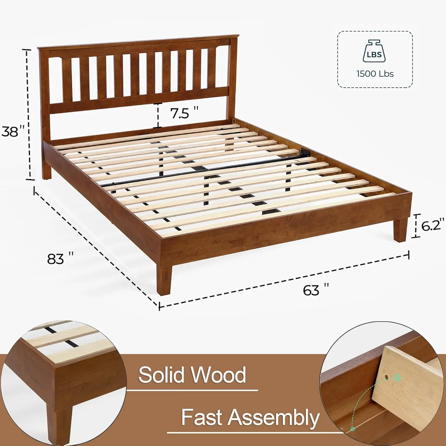 Queen Bed Frame, Wood Platform Bed Frame with Headboard, Solid Wood Bed with Wood Slat Support , No Box Spring Needed