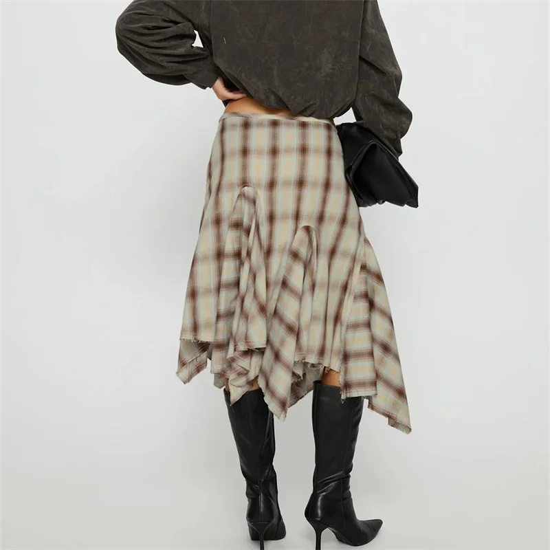 Women Plaid Skirt Y2K Vintage Irregular Loose Summer Midi Skirt for Casual Daily High Street Retro Aesthetic Streetwear 6