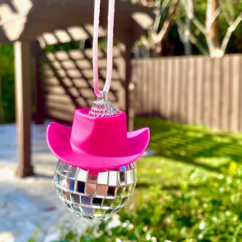 Car Rearview Mirror Hanging Cowgirl CowBoy Hat Pink Disco Ball Bling Keychain Western Accessories Bag Decor Car Makeover Car Decoration Accessories Car Pendant