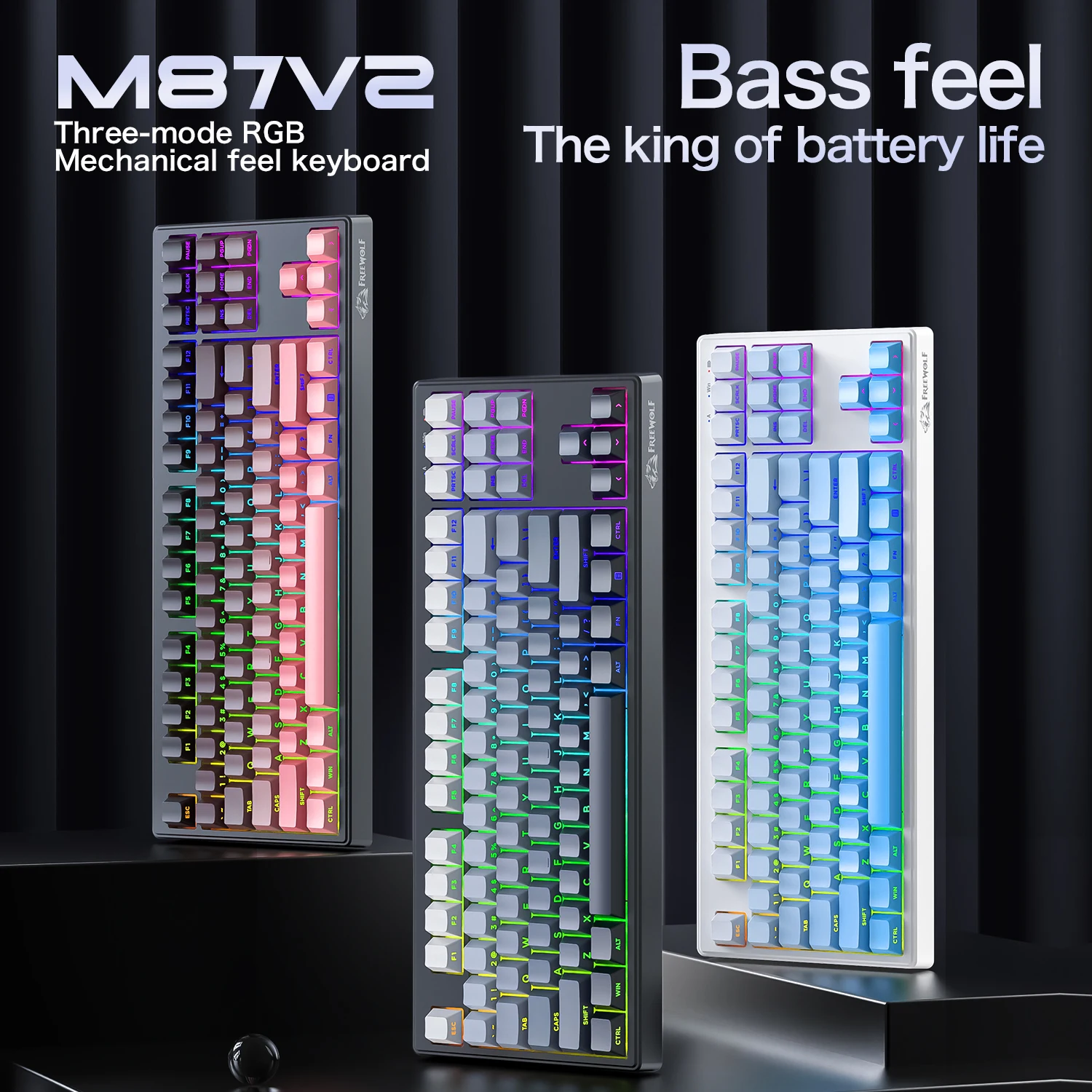 프리울프 M87v2 무선 게이밍 키보드, RGB 87키 TKL PBT 키캡, 무소음, 트리플 모드 블루투스/2.4G/유선, 대용량 배터리