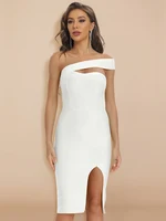 One Shoulder Hollow Out Split Midi Dress HLBANDAGE One Shoulder Hollow Out Split Dress