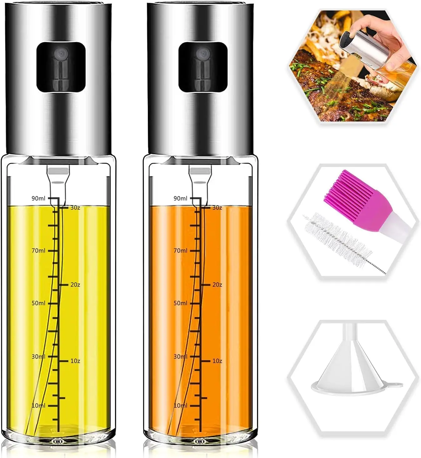 Oil Sprayer Set, 2 Pack Upgraded Olive Oil Spray Bottle Mister Refillable with Scale Air Fryer Accessories for Kitchen,
