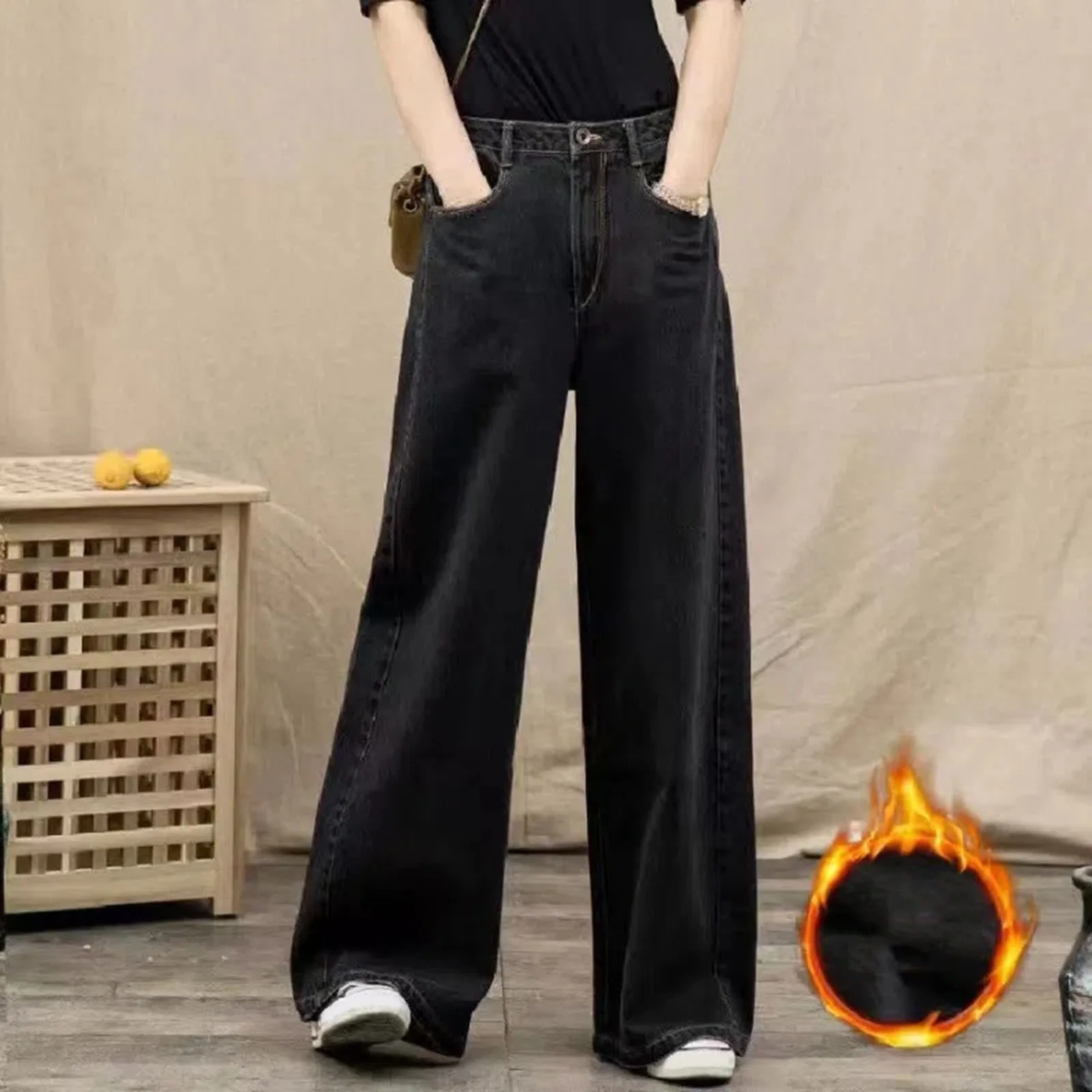 

Fleece-Lined Baggy Jeans Women's Autumn Winter Casual Fashion High Waist Loose Denim Trousers Wide-Leg Padded Thermal Pants