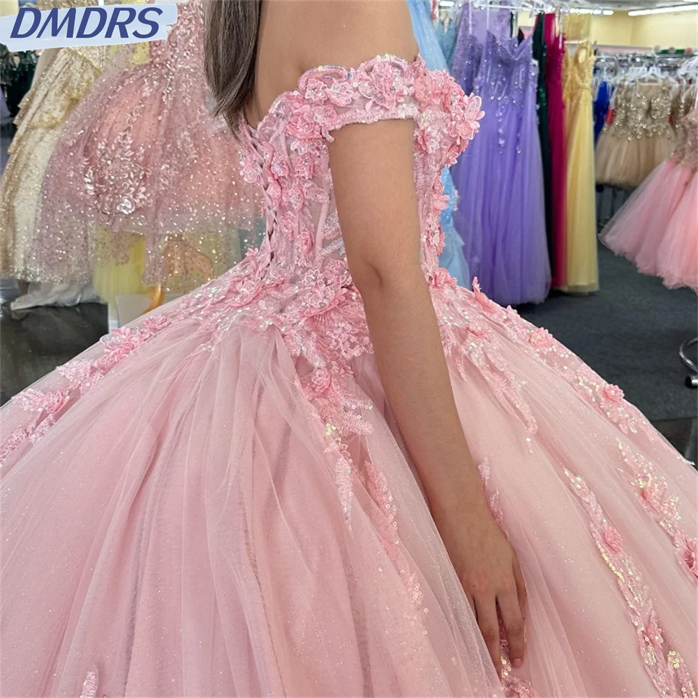 Elegant Sweetheart Shiny Quinceanera Dress Party Gown Pink Princess Lace Appliques Beads Crystal Off The Shoulder For 16 Year