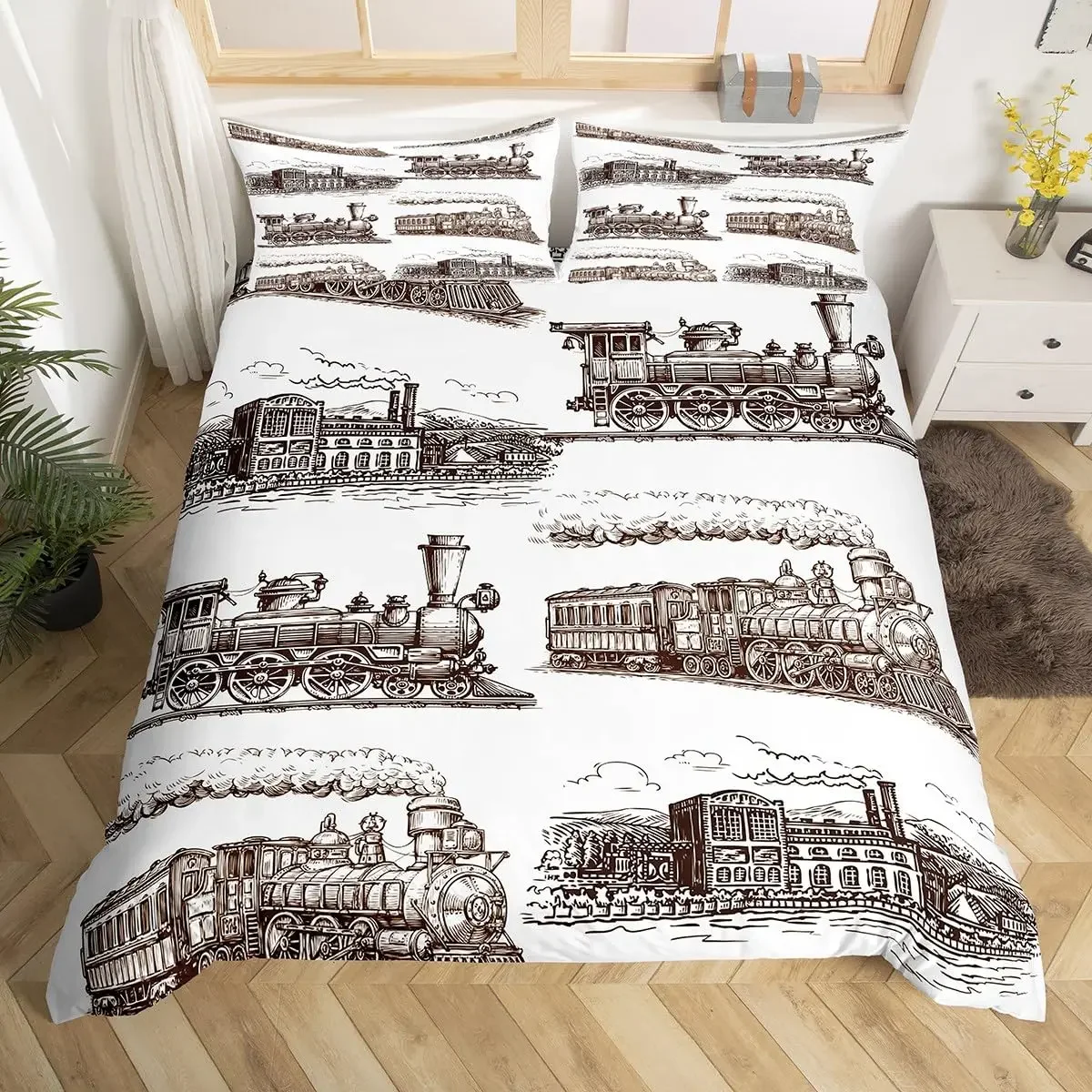 Train Bedding Set Vehicles Duvet Cover for Boys Children Teens Bedroom Decor Print Comforter Cover Set