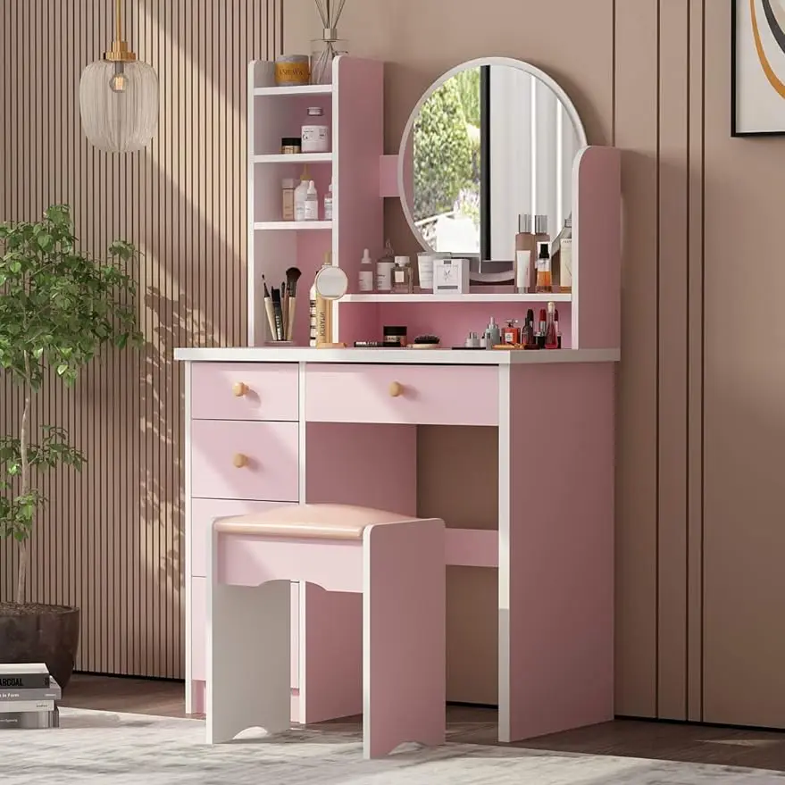 

AIEGLE Large Vanity Desk Set with Clear Round Mirror, Makeup Dressing Table with Shelves & Cushioned Stool, Vanity Desk &