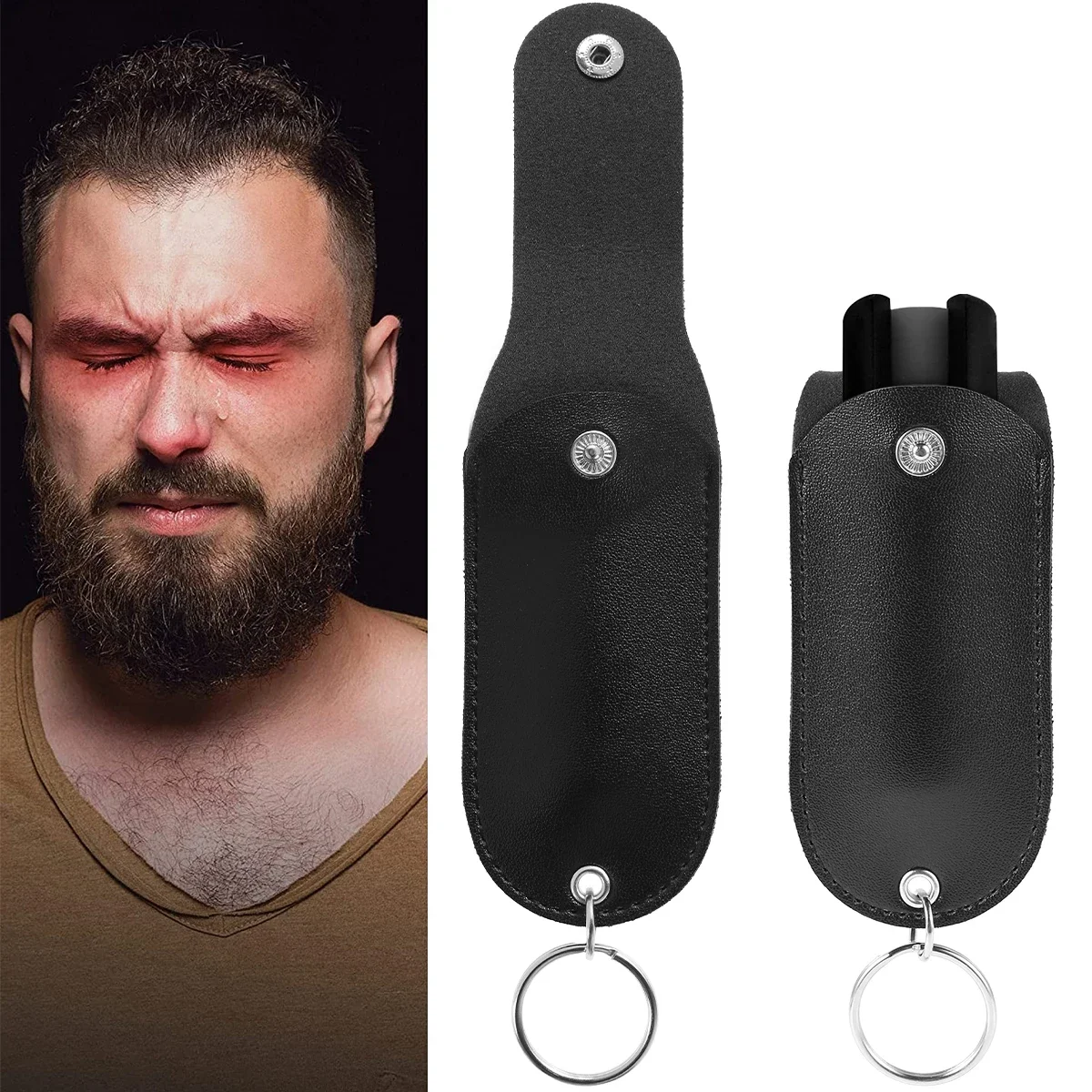 Pfefferspray-Tasche aus PU-Leder Schwarz mit Schlüsselanhänger