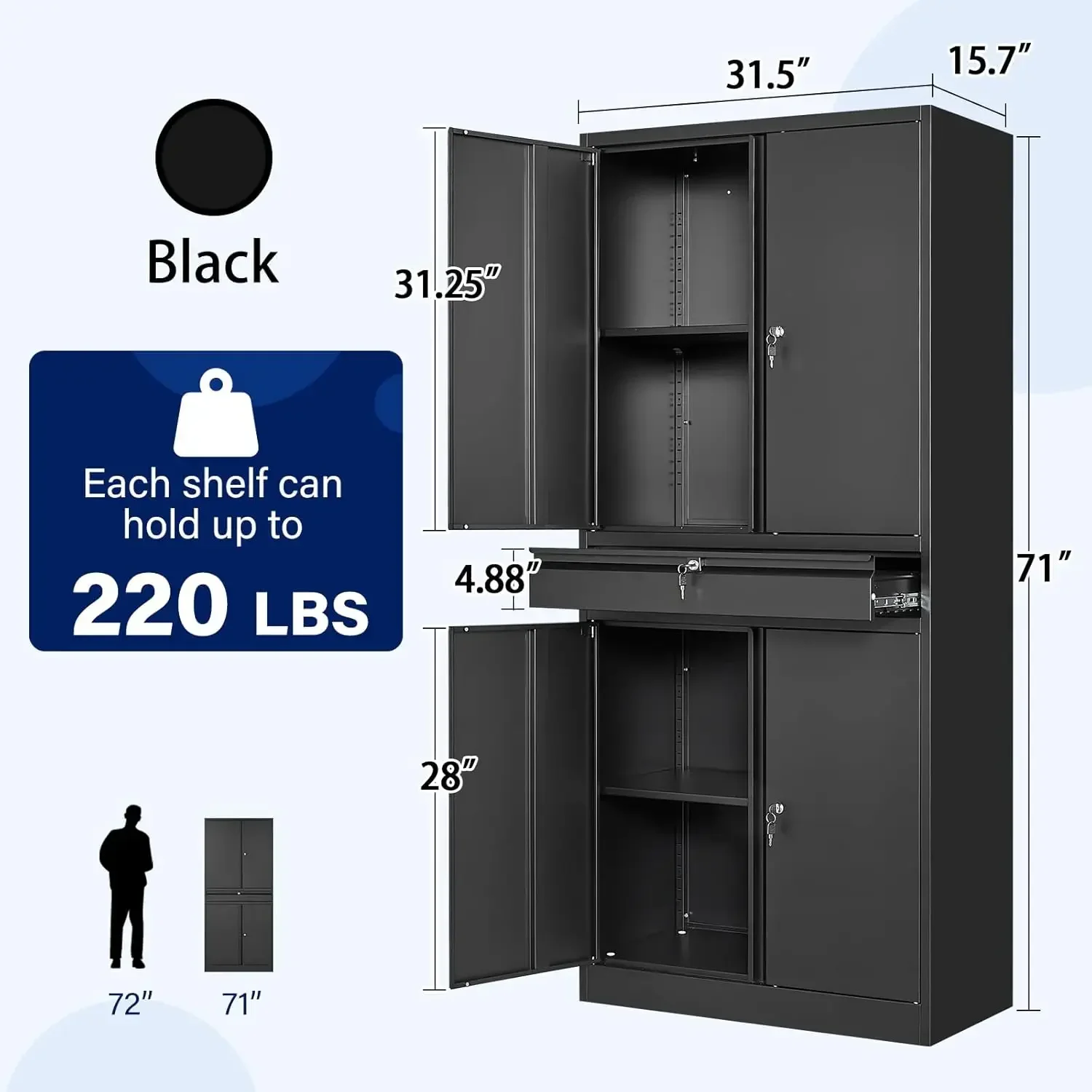 Metal Garage Storage Cabinet and Adjustable Shelves,Tool Storage Cabinet with Drawer-71"Steel Locking for Garage 3