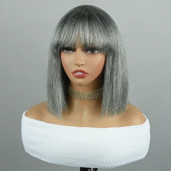 Parrucche per capelli umani grigi misti parrucche piene fatte a macchina per donna parrucche per capelli umani con taglio Pixie grigio parrucche con frangia