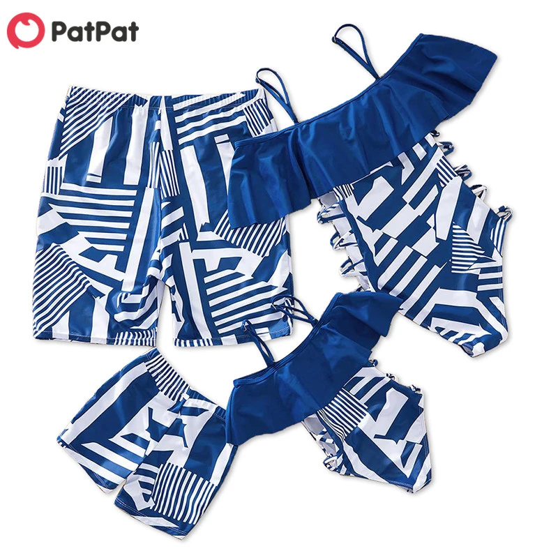 PatPat Hot Sale Summer Navy Geometric Pattern Family Matching Swimsuits One-Piece Family Look Swimwear Sets