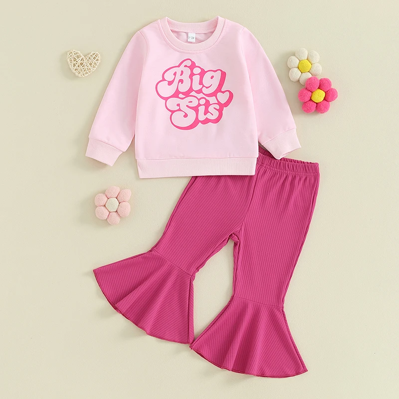

Kid Girls Pants Set, Long Sleeve Letters Print Sweatshirt Elastic Waist Flare Pants Clothing Set