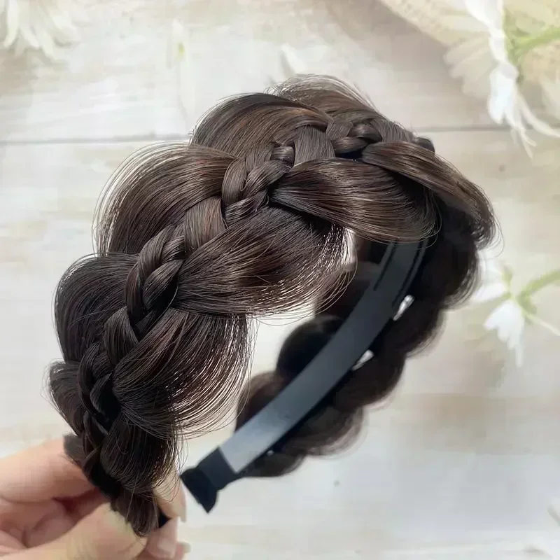 Banda Cabeza Ancha Castaño Diadema Trenzada Ancha Para Mujer - Pelo Sintético Elástico, Estilo Clásico Resistente Calor 120°C