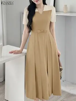 Elegant Women Midi Dresses 2025 ZANZEA Summer Dress Stylish V Neck Party Dress Short Sleeve Patchwork Work Sundress Pleated Robe