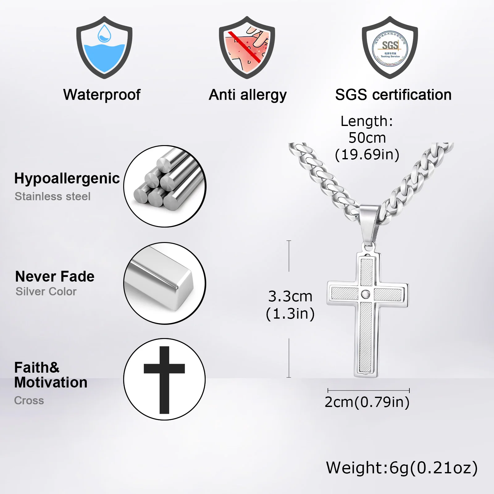 Waterproof Stylish Cross Necklace for Men Boys,Never Fade Stainless Steel Pendant Necklace,Christian Prayer Jewelry Gift