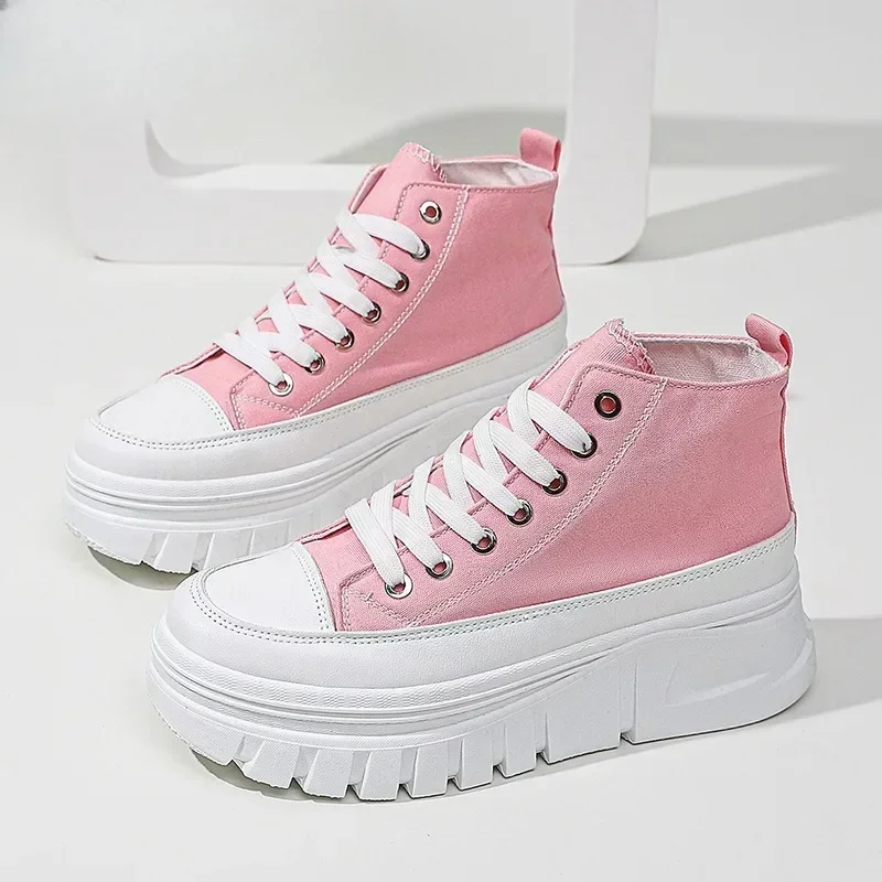 Women's Casual Height Increased Shoes Solid Color Versatile Canvas Shoes High Top Lace Up Flats Comfortable Breathable Female 5