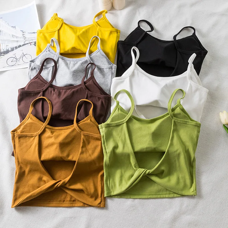 Crop Tops Sexy Spaghetti Strap Tanke Top Women Built In Bra Off Shoulder Solid Color Sleeveless Camisole Ins Yoga Sport Bra