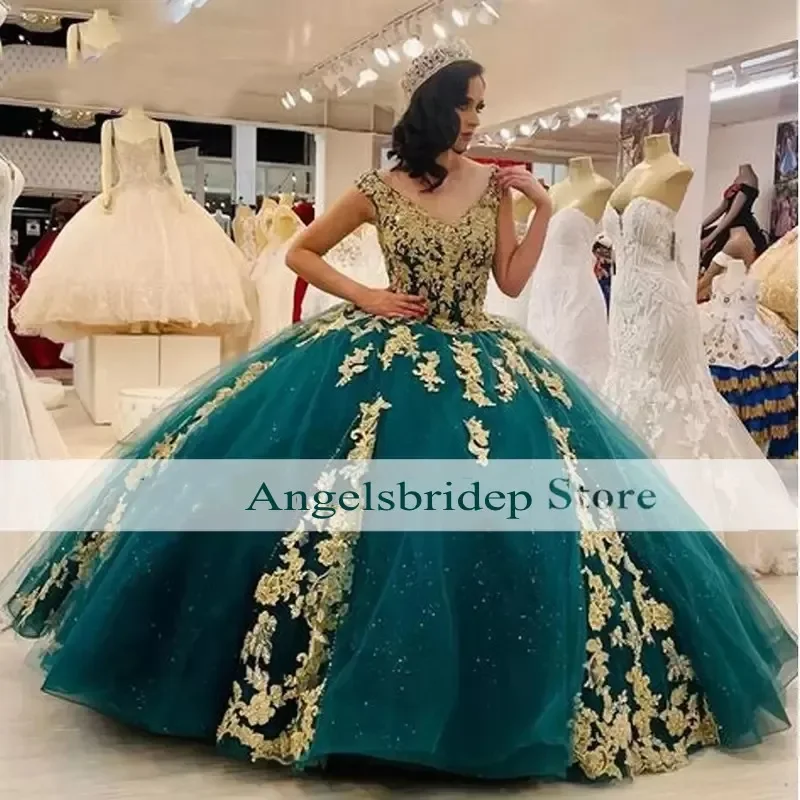 Vintage Hunter Green Princess Quinceanera Dresses Glitter Tulle Sweet 16 Gold Lace Birthday Party Ball Gown Vestidos De 15 Anos