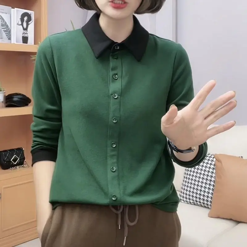 

Long Sleeve Versatile Temperament Single Breasted Color Contrast Turn Down Collar Patchwork Women Shirt Spring Summer Thin 5XL