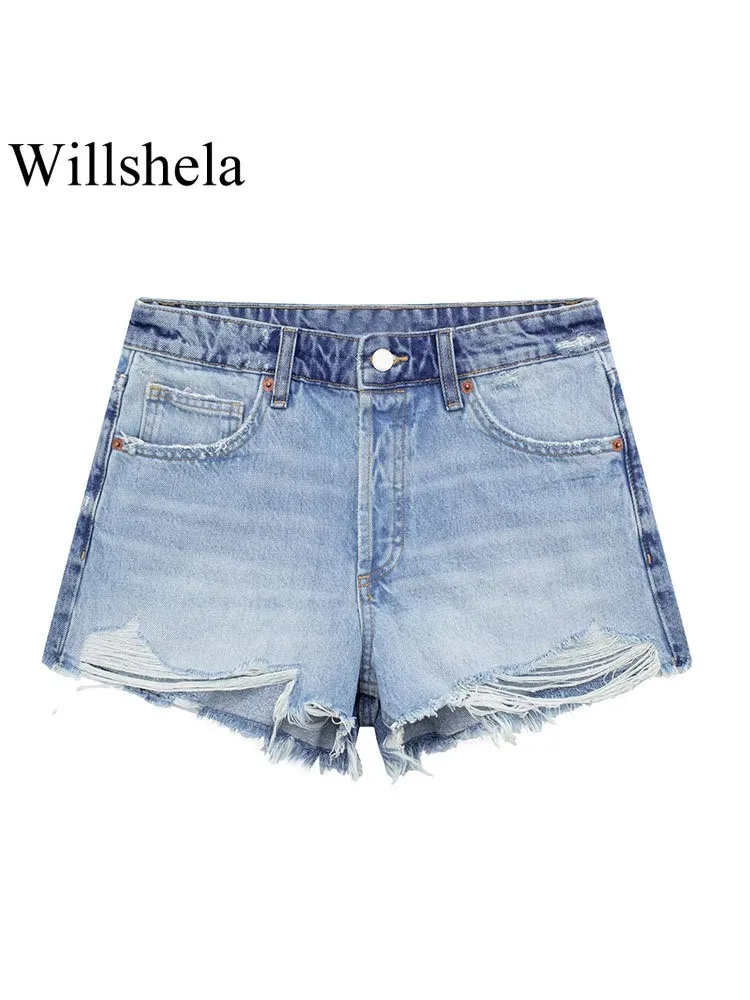 

Willshela Women Fashion Denim Blue Distressed Front Zipper Mini Shorts Vintage High Waist Female Chic Lady Shorts