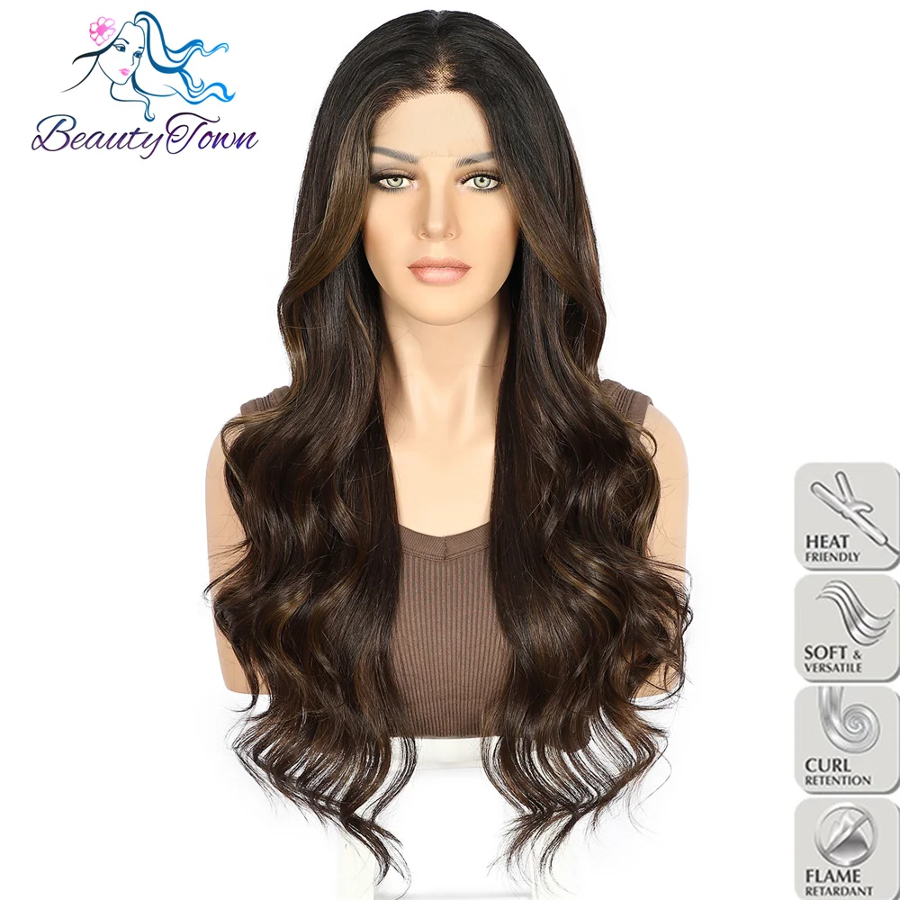 

Autumn 2023 13x3 Synthetic Lace Front Wig Brown Highlight Body Wave 30‘’ Long Swiss Transparent Lace Daily Wear Women Wig