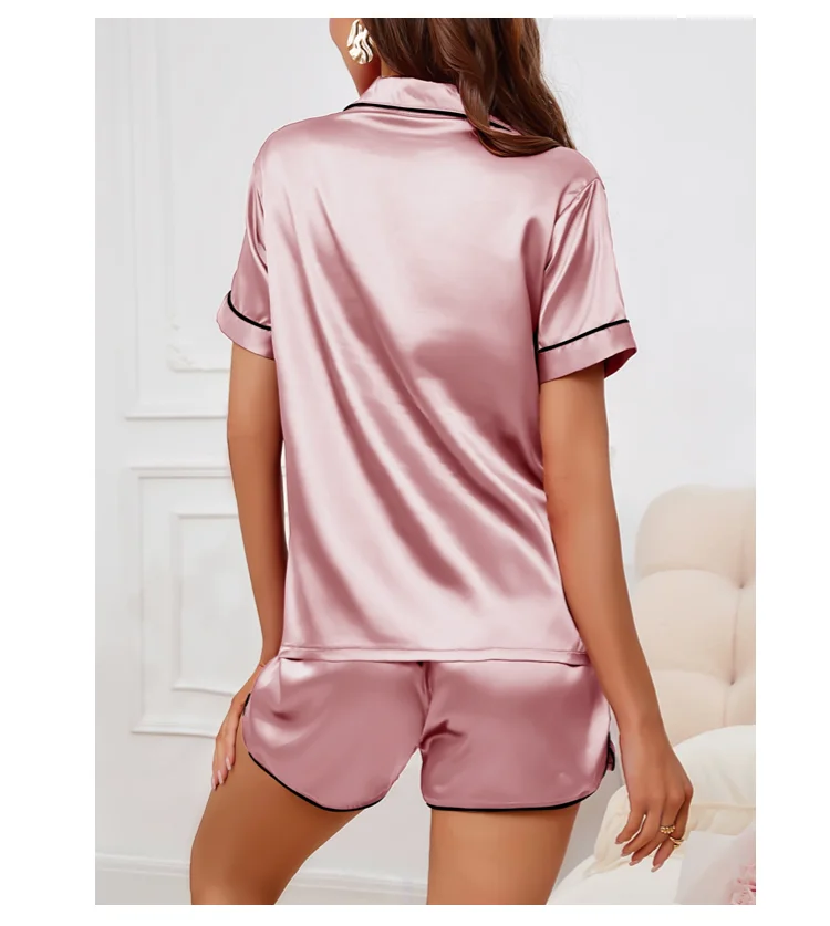 Damen-Pyjama-Lounge-Set, herzbestickte Tasche, gepatcht, Nachtwäsche, Button-Down-Kurzarm-Top und Shorts, Pyjama-Hauskleidung – Detail 16