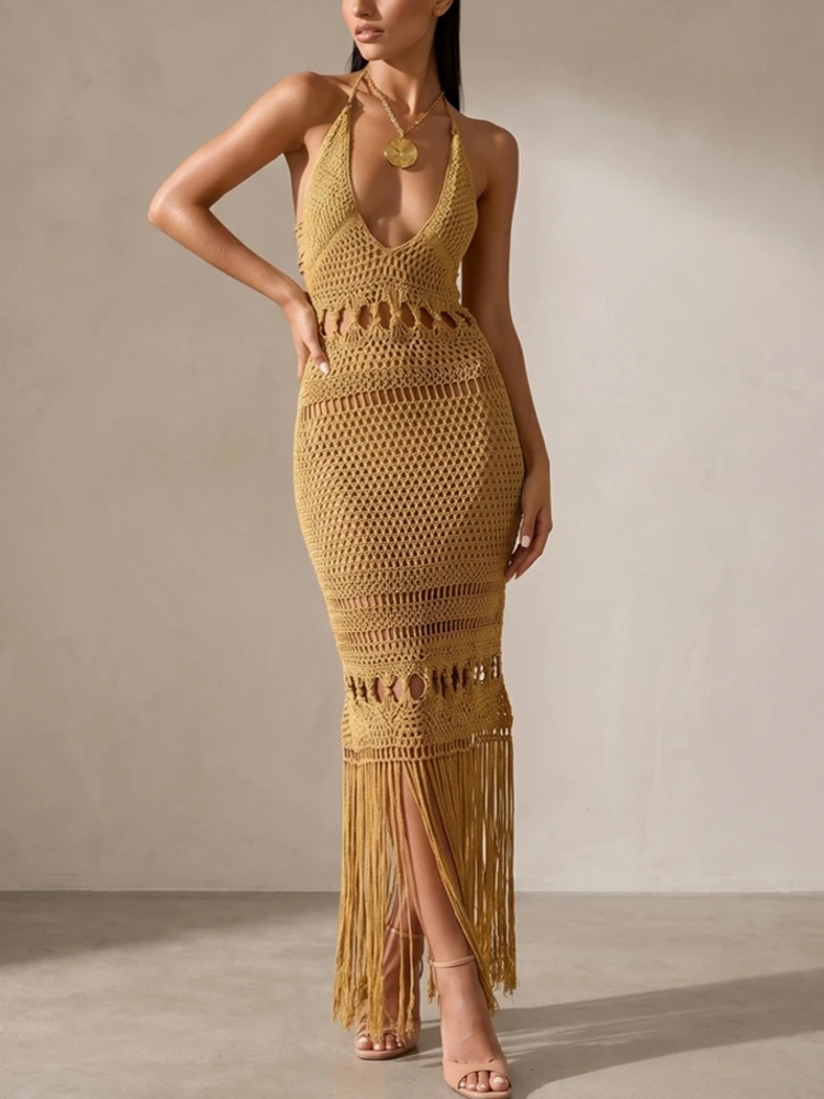 Sexy Women Knit Beach Dress Hollow-Out V-Neck Sleeveless Bikini Cover-Ups Dress Holiday Dress 2026 Summer Swimwear Beach 1
