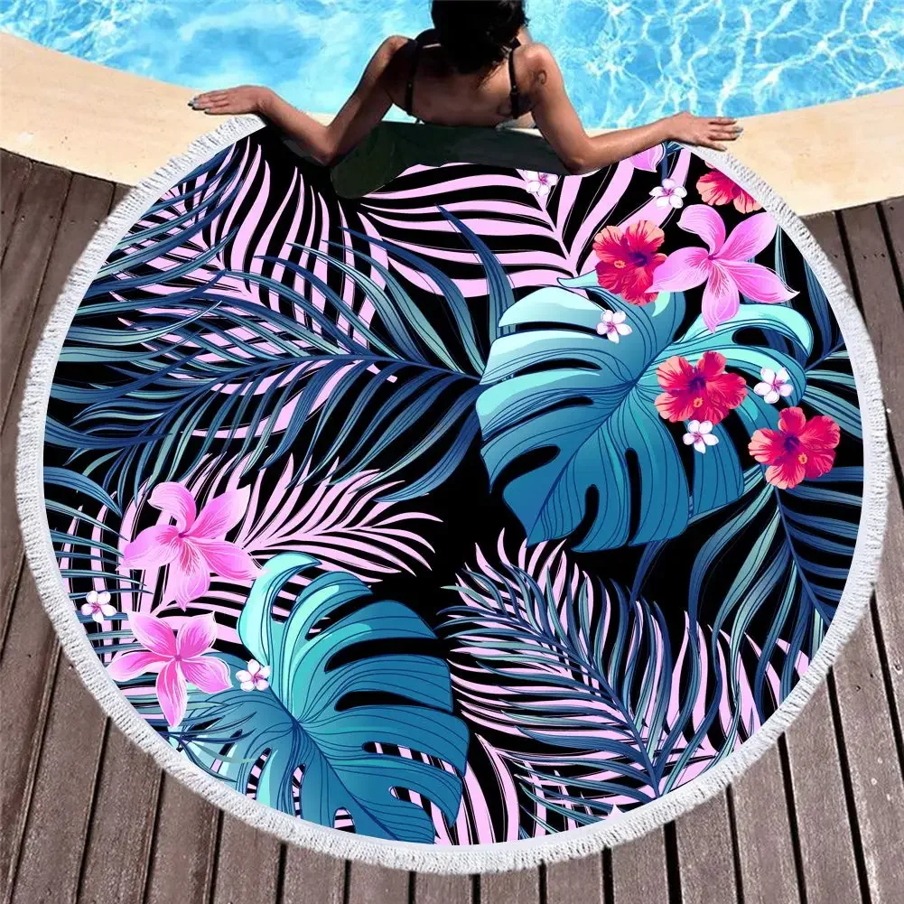 Round Beach Towel Oversized Blanket Palm Leaf Tropical Style Flamingo Print Microfiber Large Round Towel Picnic Absorbent Towel 2