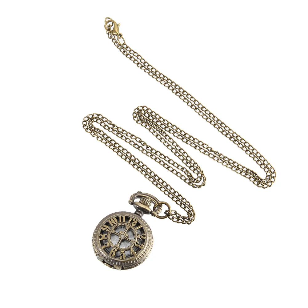 Vintage Bronze Steampunk Quartz Pocket Watch with Hollow Heart Cover and Chain Necklace