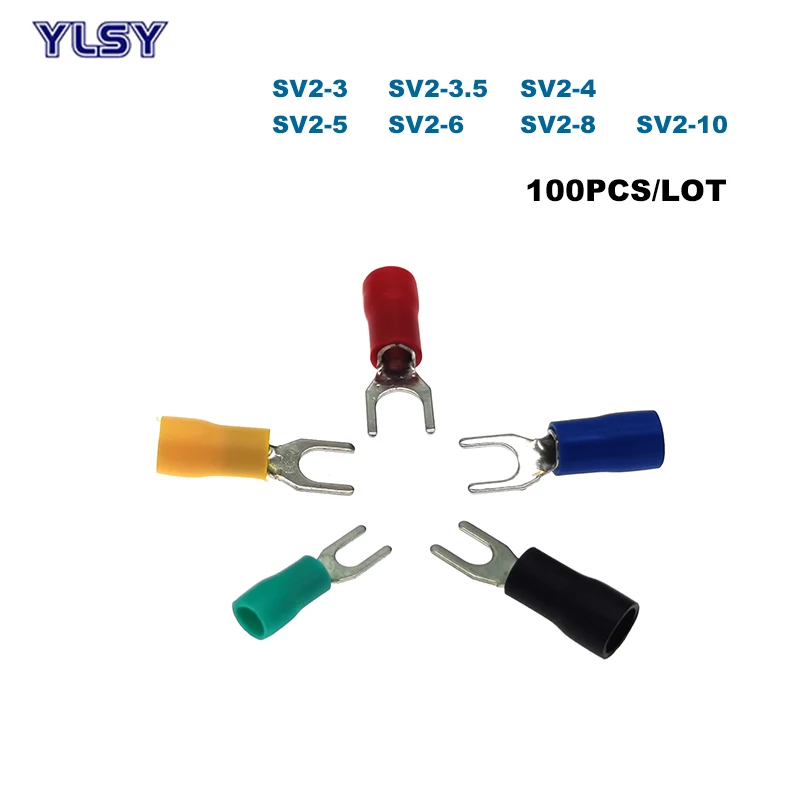 

100Pcs Spade Insulated Furcate Crimp Terminals Electrical Wire Cable Connector SV2-3/4/5/6/8/10 Lug Ferrules 16-14AWG 2.5-4mm²