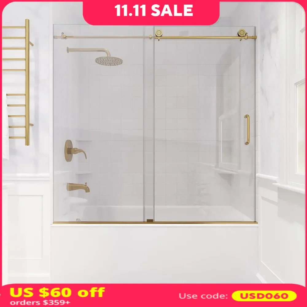 Frameless Bathtub Door, 60&ldquo; X 62&rdquo;, Brushed Gold Finish with Tempered Clear Glass, Sliding Shower Door