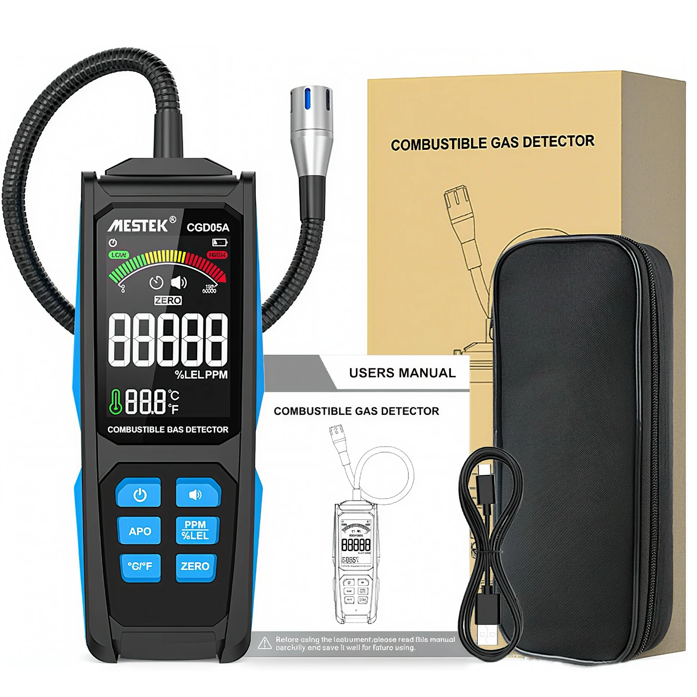 เครื่องตรวจจับก๊าซธรรมชาติ, เครื่องตรวจจับการรั่วไหลของก๊าซพร้อมสัญญาณเตือนด้วยเสียงและภาพ, เครื่องตรวจจับก๊าซแบบชาร์จไฟได้พร้อมคอห่านขนาด 11.3 นิ้ว, ระบุตำแหน่ง 1