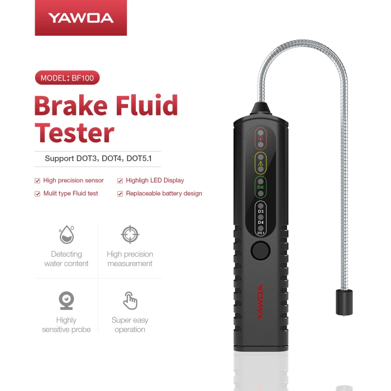 

BF100 Vehicle Auto Brake Fluid Tester DOT 3/4 Digital Brake Fluid Check Car Brake Oil Quality LED Indicator Display