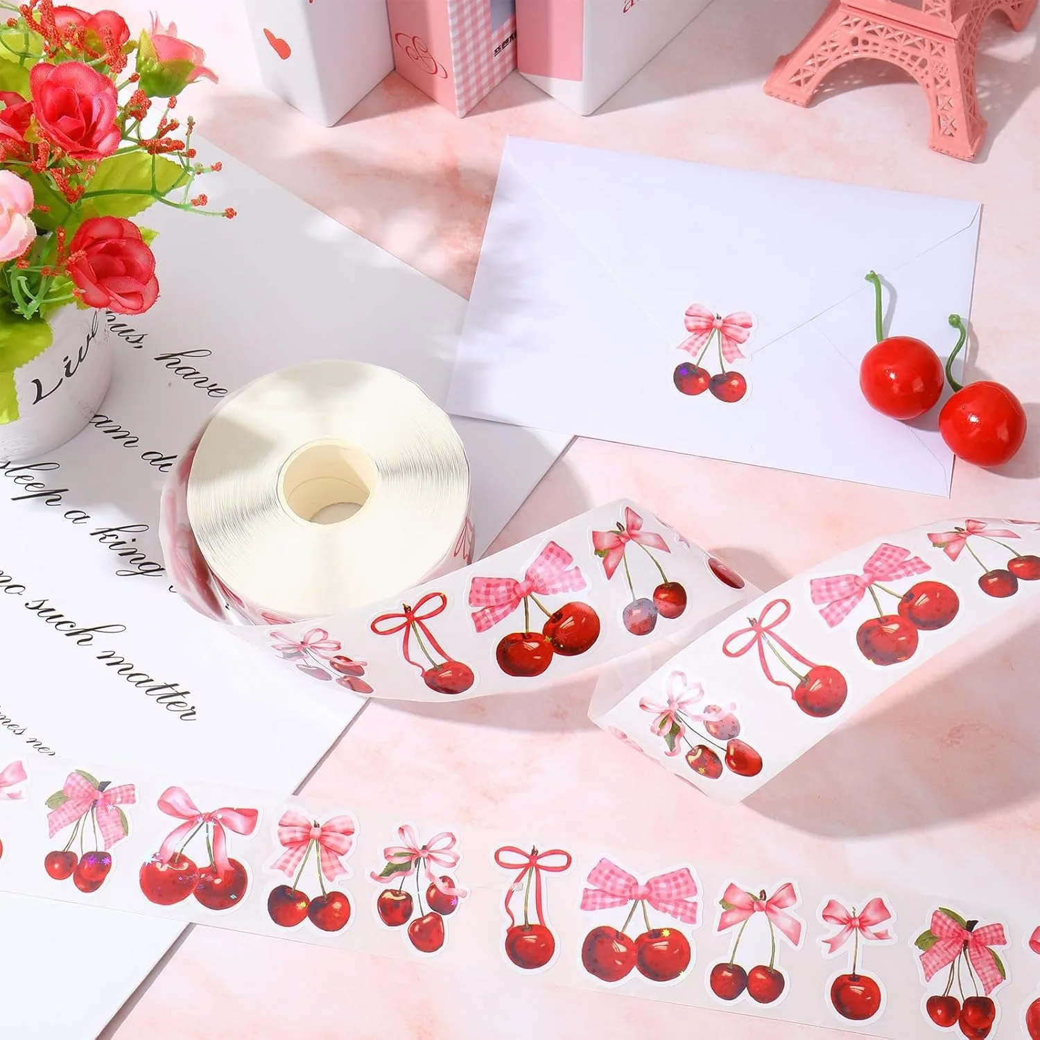 50-200pcs 체리 패턴 스티커 베이킹 생일 웨딩 파티 선물 포장 라벨 스크랩북 귀여운 편지지 스티커