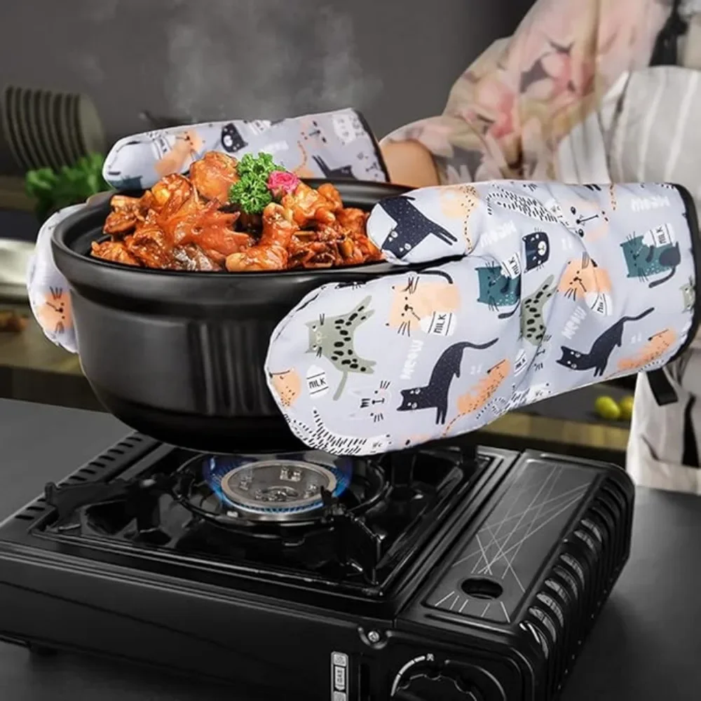 Cotton Kitchen Gloves Pot Holders Cat Pattern Double Thick Heat Resistant Anti-scald Cooking Oven Barbecue
