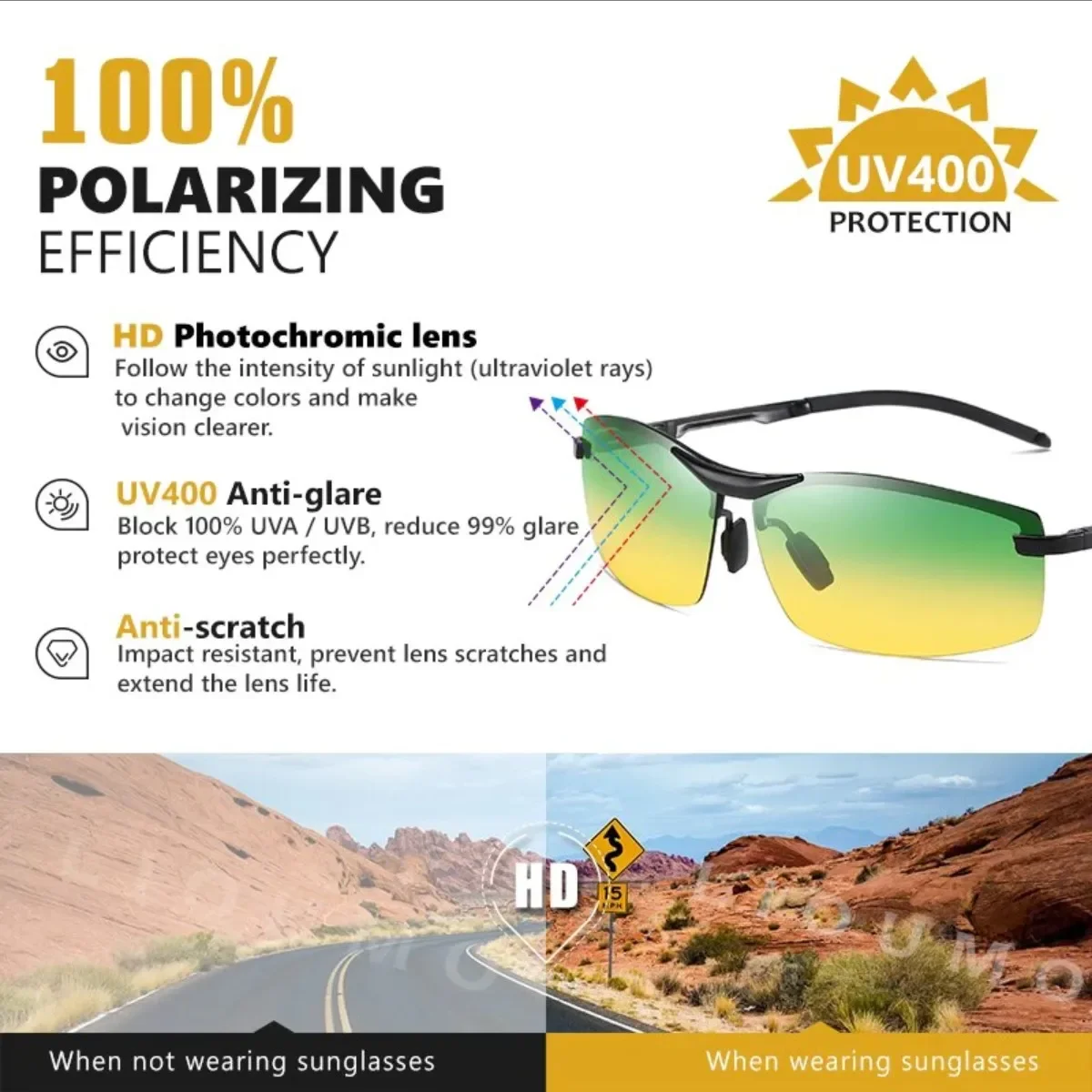Glasses Yellow Photochromic Polarized Glasses Intelligent Color Changing Fishing Driving Day Vision Night Mirror Goggles
