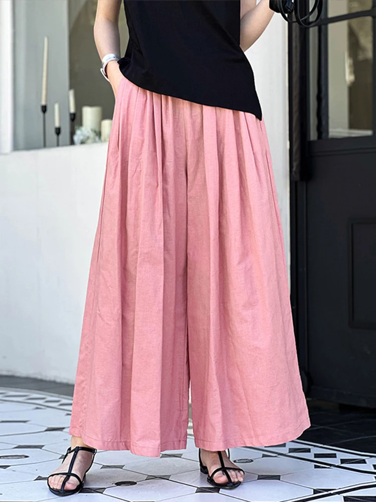 [LANMREM] Elastic High Waist Linen Pants For Women Straight Wide Leg Trousers Office Lady Loose Clothing 2024 Summer New 26D9370