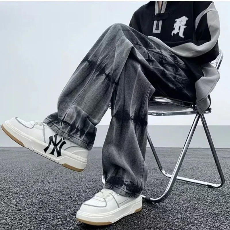 New Spring and Autumn Fashion Brand Tie Dyed Gradient Retro Denim Straight Leg Loose and Versatile Handsome Men's Casual Pants 2