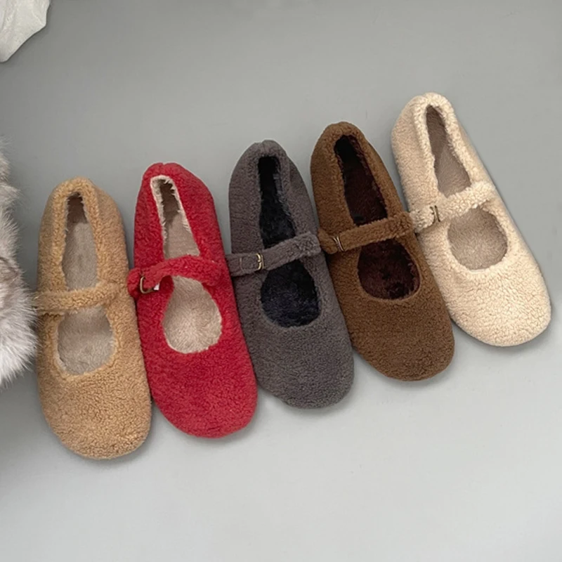 

Fashion Round Toe Wool Ballet Flats Woman Concise Warm Plush Loafers Ladies Brand Design Fluffy Mary Jane Shoes In Red Grey