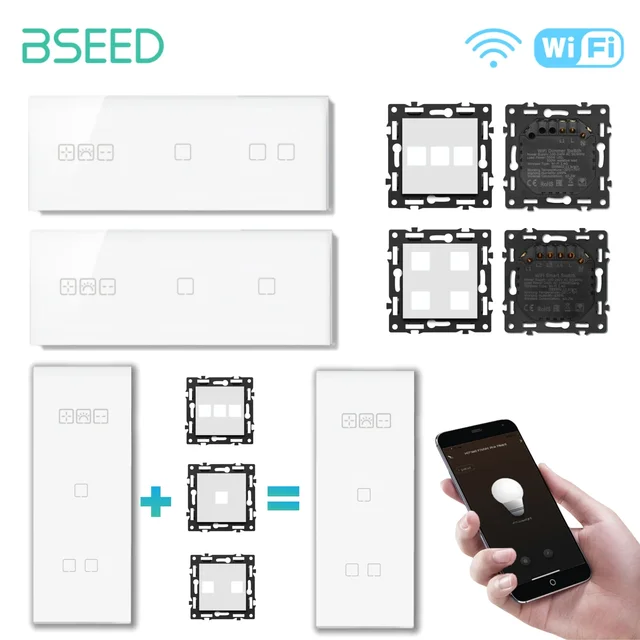 BSEED Wifi Dimmer Wall Light Switch 1/2/3Gang Smart Touch Switch Function Base Glass Front Panel DIY Parts Free Combination