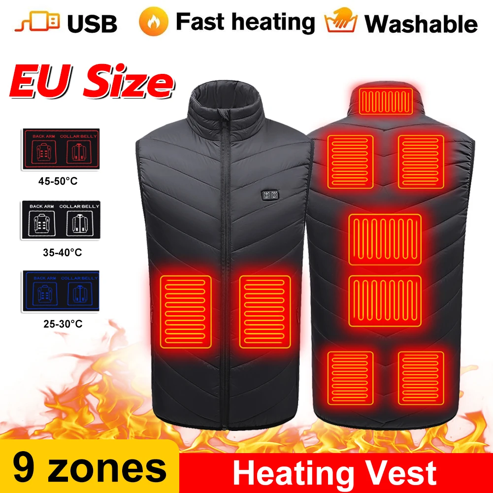 

9 Places Heated Vest Men Women USB Powered Heated Jacket Winter Thermal Clothing Heating Jacket For Outdoor Hiking Camping