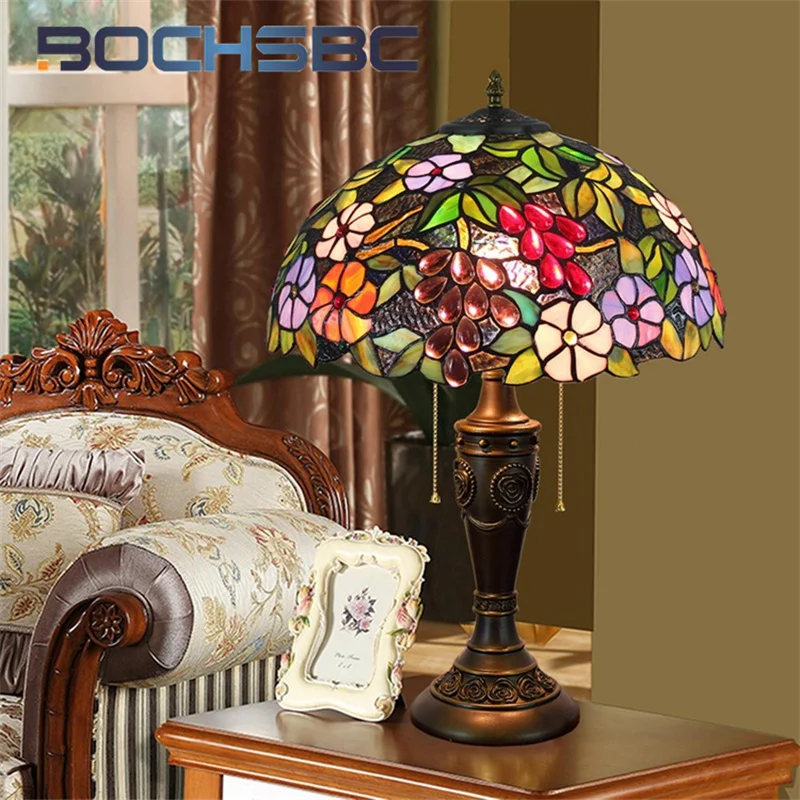 

BOCHSBC Tiffany American retro style 16 inch creative grape table lamp Art Deco bar living room study bedroom bedside lighting