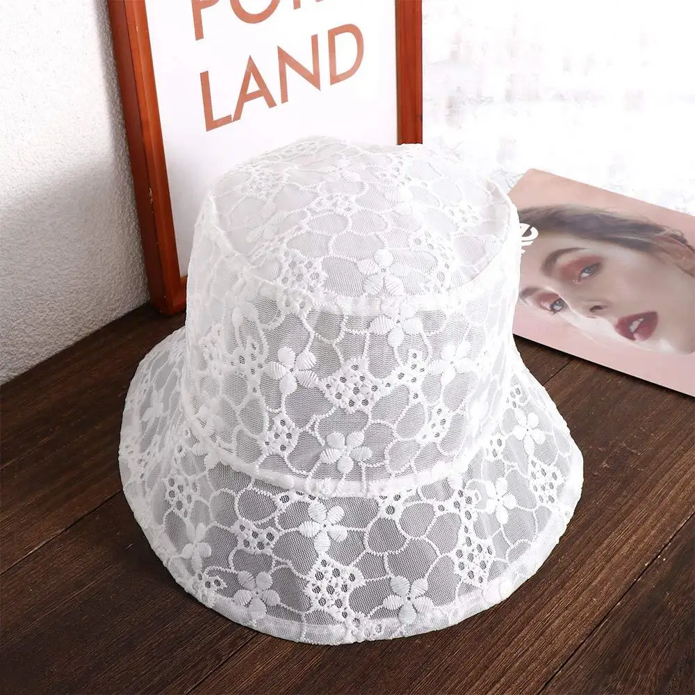 Foldable Simple Korean Flower Hollow Summer Hat Mesh For Women Basin Sun Cap Female Hats Lace Bucket Hat Sun Hat 2