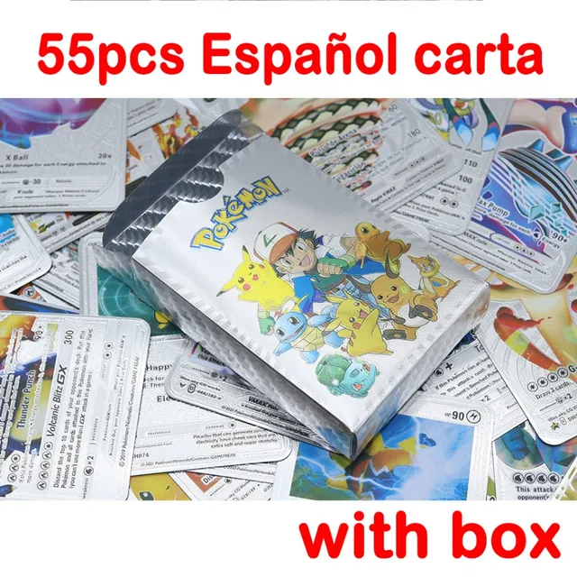 Pokemon Metal Card Spanish Box Gold Black Golden Letters Silver English Vmax Gx Collection Charizard Pikachu Cards Pack Toy Gift 55pcs Spanish silver