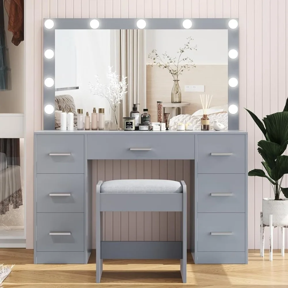 

Vanity Desk With Stool Furniture Dressing Table With Mirror Brightness Adjustable 3 Color Lighting Modes Tall Dresser Girls Home