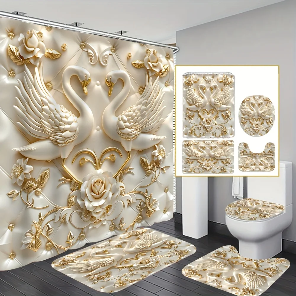 Elegant 3D Swans and Roses Luxury Bathroom Set-Waterproof Shower Curtain, Toilet Lid Cover, Bath Mat, and Contour Mat