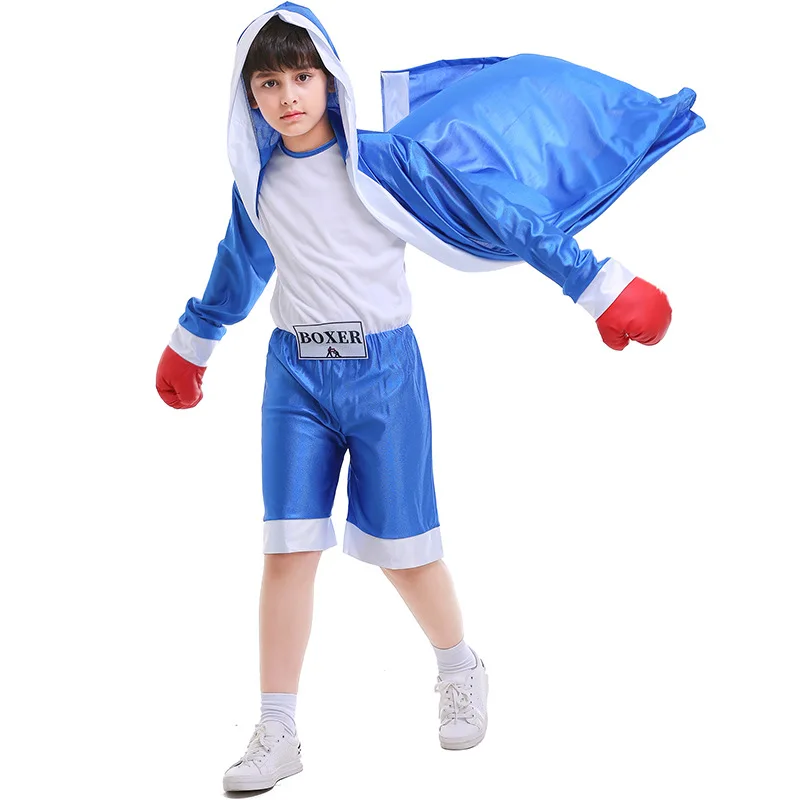 Uniforme de cosplay boxeur pour enfants, survêtement pour enfants, rouge et bleu, combinaison et robe, costume de match de boxe, fête de carnaval d'Halloween, garçons