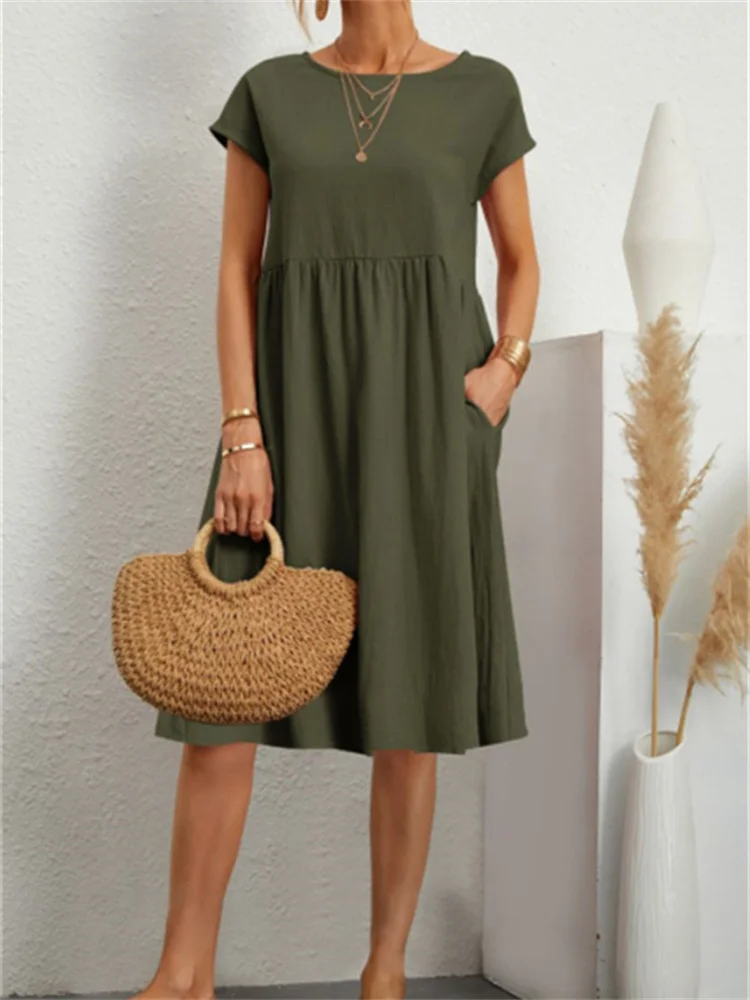 

Summer Solid Casual Dresses For Women Crew Neck Short Sleeve Plus Size Beach Streetwear Female Midi Dress Robe