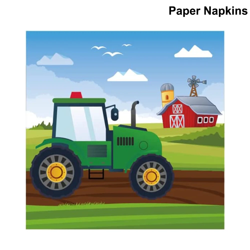 Farm Tractor Party Decor Set - Tableware, Napkins, Tablecloth, Banner, Balloons & Cake Topper